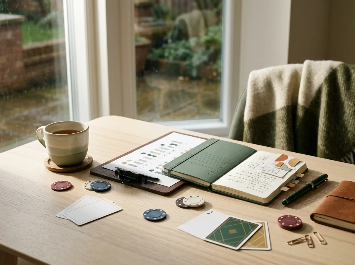 Editorial desk with a tea cup, casino review notes and a compliance checklist